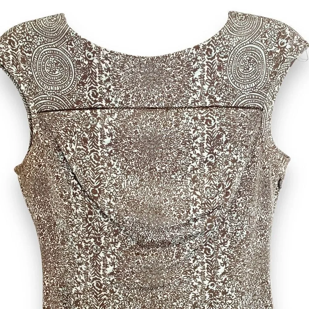 Tory Burch Carter Logo Print Sheath Sleeveless Dress Tan Blue Women’s Size 2 / S
